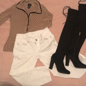 Small top, modern crop white denim, knee high boot